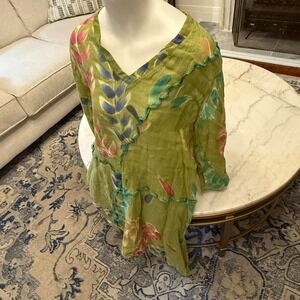 Green and blue sheer linen‎ vintage long blouse or dress with ruffles